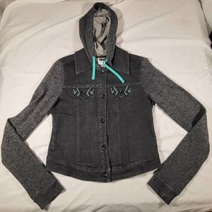 Cruel Girl Hooded Denim Jacket Junior Medium Black Turquoise Knit Sleeves